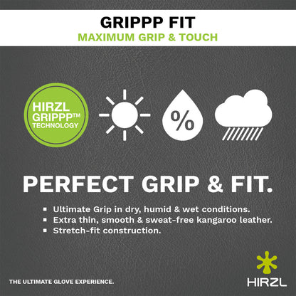 HIRZL Grippp Fit product graphic with weather icons and a feature list