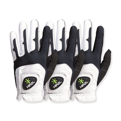 Three HIRZL Grippp Fit golf gloves, left-hand (worn on the left hand), white background