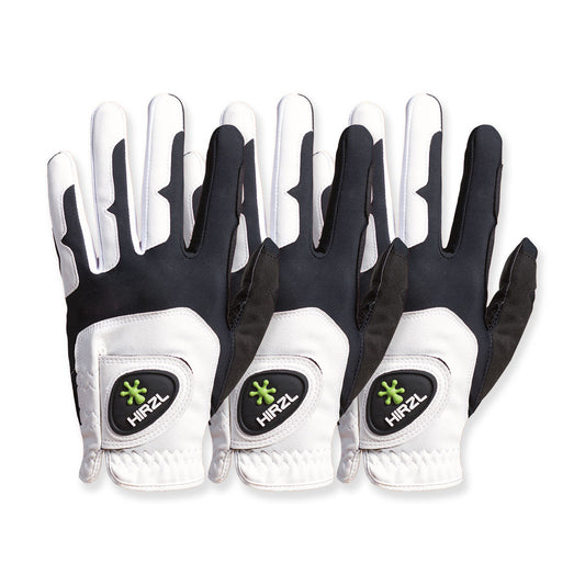 Three HIRZL Grippp Fit golf gloves, left-hand (worn on the left hand), white background