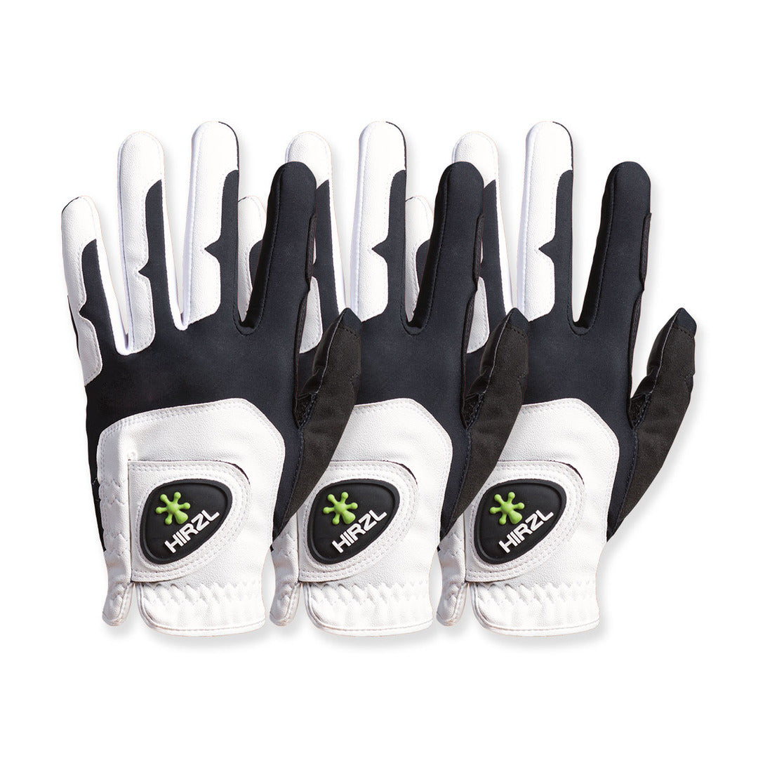 Three HIRZL Grippp Fit golf gloves, left-hand (worn on the left hand), white background