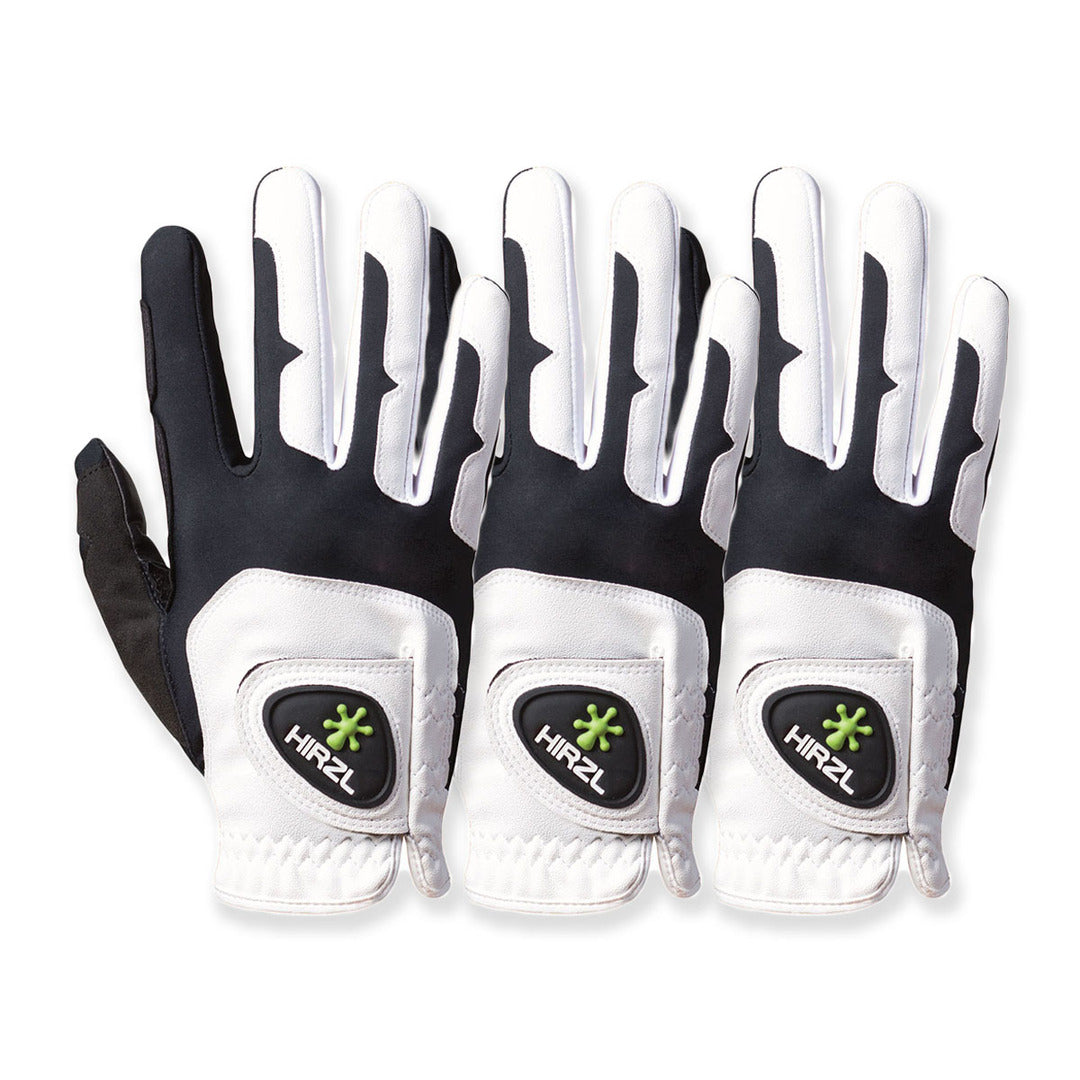 Three HIRZL Grippp Fit golf gloves, right-hand (worn on the right hand), white background