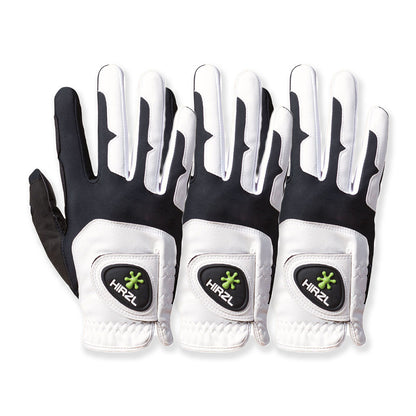 Three HIRZL Grippp Fit golf gloves, right-hand (worn on the right hand), white background