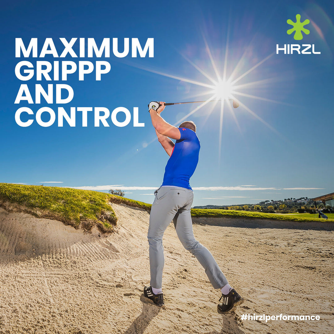 Golfer finishing a swing from a bunker, HIRZL graphic